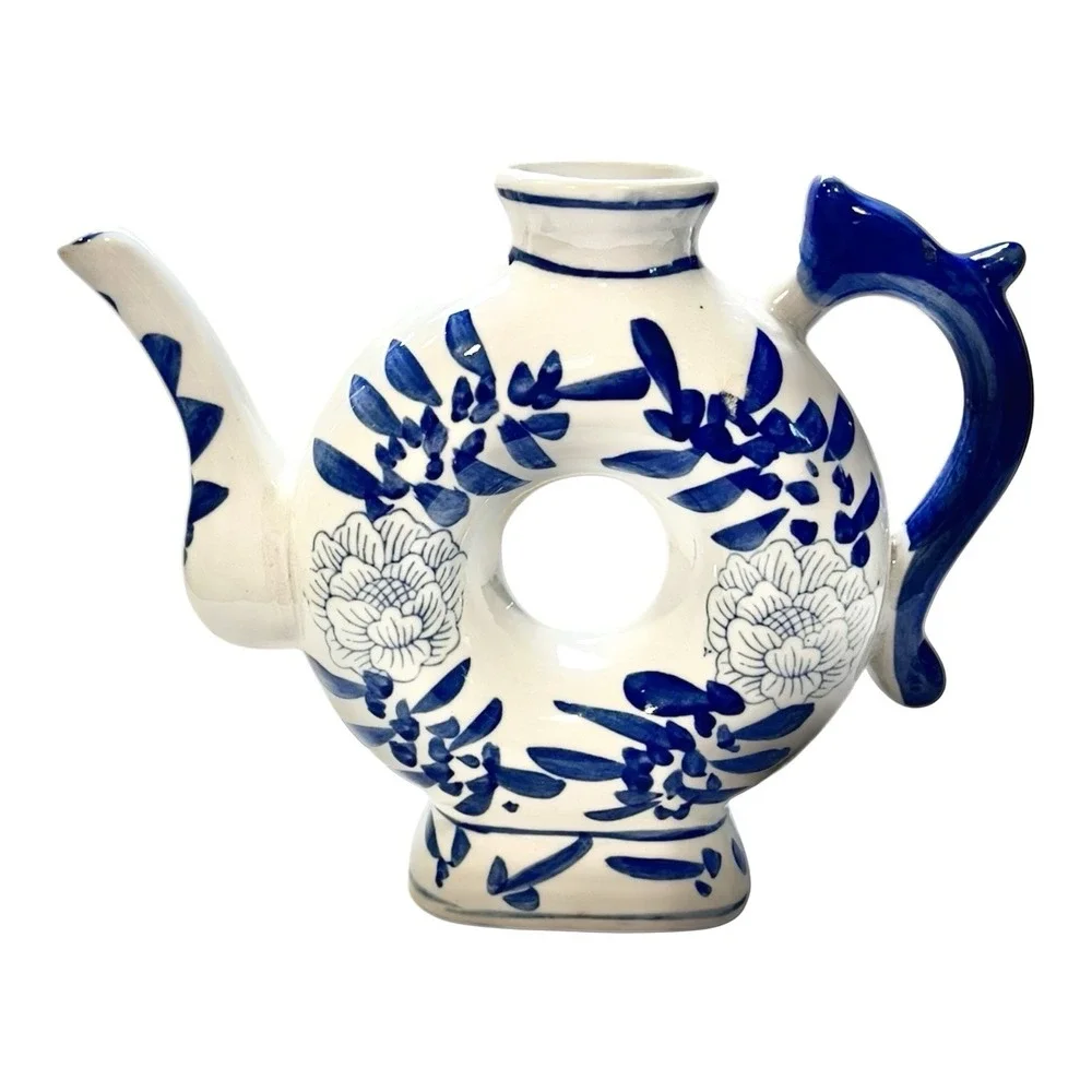 Vintage China Vase Blue White Round Donut Shape Floral 